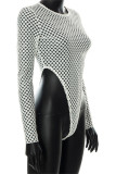 Fashion Sexy Solid Hollowed Out See-through O Neck Skinny Bodysuits