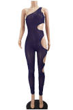 Fashion Sexy Solid Hollowed Out See-through Backless One Shoulder Skinny Jumpsuits