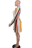 Fashion Casual Striped Print Hollowed Out Turndown Collar Shirt Dress Dresses