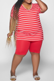 Casual Striped Patchwork V Neck Plus Size Two Pieces
