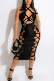 Sexy Solid Bandage Hollowed Out Patchwork Halter One Step Skirt Dresses