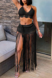 Sexy Solid Tassel Hollowed Out Patchwork Backless Halter Sleeveless Two Pieces