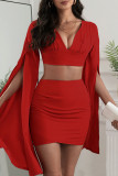 Sexy Solid Patchwork Asymmetrical V Neck Long Sleeve Two Pieces