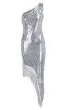Fashion Sexy Patchwork Tassel Sequins Asymmetrical One Shoulder Evening Dress