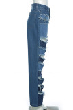 Street Solid Ripped Hollowed Out Make Old Patchwork High Waist Denim Jeans