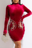 Fashion Sexy Bandage Hollowed Out Half A Turtleneck Long Sleeve Dresses