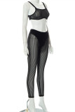 Fashion Sexy Solid See-through Vests Pants O Neck Sleeveless Two Pieces