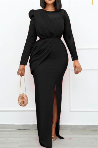 Fashion Sexy Patchwork Solid See-through Slit O Neck Long Sleeve Evening Dress