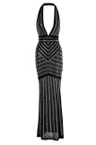 Fashion Sexy Patchwork Hot Drilling Backless Halter Evening Dress