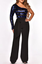 Fashion Sexy Patchwork Sequins Backless Oblique Collar Regular Jumpsuits