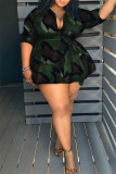 Fashion Casual Camouflage Print With Belt Turndown Collar Long Sleeve Plus Size Dresses
