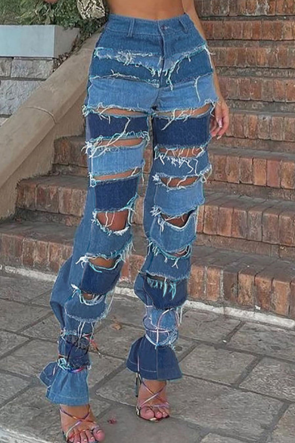 Street Solid Ripped Hollowed Out Make Old Patchwork High Waist Denim Jeans