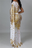 Fashion Sexy Patchwork Sequins See-through Backless Oblique Collar Evening Dress