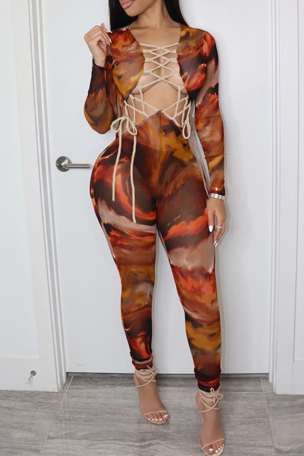 Fashion Sexy Print Tie Dye Hollowed Out Strap Design Skinny Jumpsuits