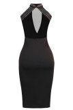 Sexy Patchwork Hot Drilling See-through Backless Half A Turtleneck Sleeveless Dress
