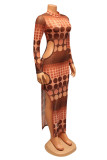 Fashion Sexy Print Hollowed Out See-through Turtleneck Long Sleeve Dresses