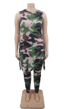Fashion Camouflage Print Patchwork O Neck Plus Size Two Pieces