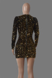 Fashion Sexy Patchwork Hollowed Out Sequins V Neck Long Sleeve Dresses