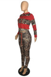 Fashion Casual Print Leopard Patchwork Hooded Collar Long Sleeve Two Pieces