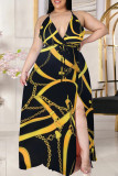 Fashion Sexy Plus Size Print Bandage Backless Slit Spaghetti Strap Long Dress