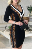 Fashion Casual Print Leopard Patchwork V Neck One Step Skirt Dresses