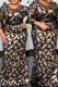 Fashion Casual Plus Size Print Patchwork See-through O Neck Long Dress (Without Belt)