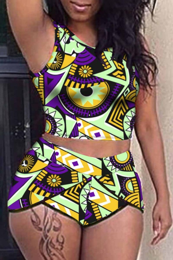Fashion Sexy Print Patchwork O Neck Plus Size Swimwear