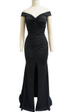 Elegant Solid Patchwork Slit Fold V Neck Evening Dress Dresses