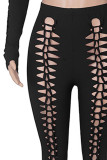 Sexy Solid Hollowed Out Patchwork O Neck Long Sleeve Two Pieces