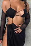 Sexy Solid Patchwork Halter Long Sleeve Two Pieces