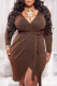 Fashion Sexy Solid Frenulum Bright Silk V Neck Long Sleeve Plus Size Dresses