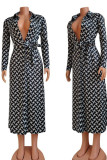 Casual Print Bandage Patchwork Buckle Turndown Collar Straight Dresses