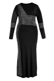 Fashion Sexy Patchwork Hot Drilling Slit O Neck Long Sleeve Plus Size Dresses