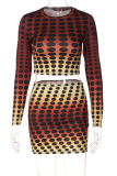 Sexy Print Patchwork O Neck Long Sleeve Two Pieces