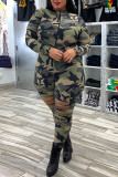 Fashion Casual Camouflage Print Ripped Zipper Collar Plus Size Jumpsuits