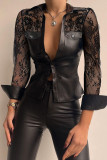 Sexy Solid Embroidered Patchwork Buckle See-through Turndown Collar Tops