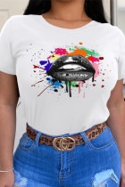 Plus Size Street Lips Printed Patchwork O Neck T-Shirts