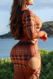 Fashion Sexy Print Hollowed Out See-through Turtleneck Long Sleeve Dresses