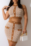 Sexy Print Buckle O Neck Sleeveless Two Pieces