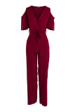 Fashion Casual Solid Hollowed Out V Neck Regular Jumpsuits