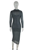 Fashion Sexy Patchwork Hot Drilling Hollowed Out See-through Half A Turtleneck Plus Size Dresses
