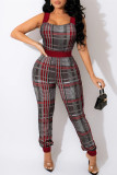 Fashion Casual Plaid Print Backless Square Collar Skinny Jumpsuits