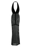 Fashion Sexy Patchwork Hot Drilling Backless Halter Evening Dress