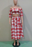 Sexy Plaid Print Patchwork Buckle Off the Shoulder Three Quarter Two Pieces