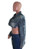 Casual Street Solid Ripped Make Old Patchwork Buckle Turndown Collar Long Sleeve Straight Denim Jacket
