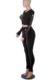 Sexy Solid Hollowed Out Patchwork O Neck Long Sleeve Two Pieces