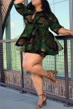 Fashion Casual Camouflage Print With Belt Turndown Collar Long Sleeve Plus Size Dresses