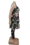 Fashion Camouflage Print Patchwork O Neck Plus Size Two Pieces