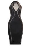 Sexy Patchwork Hot Drilling See-through Backless Half A Turtleneck Sleeveless Dress