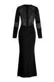 Fashion Sexy Patchwork Hot Drilling Slit O Neck Long Sleeve Dresses